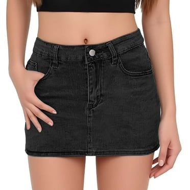 Womens Denim Mini Skirt Stretchy Mid Waist Casual Trendy Y2k Jean Skirts with Pockets Black L