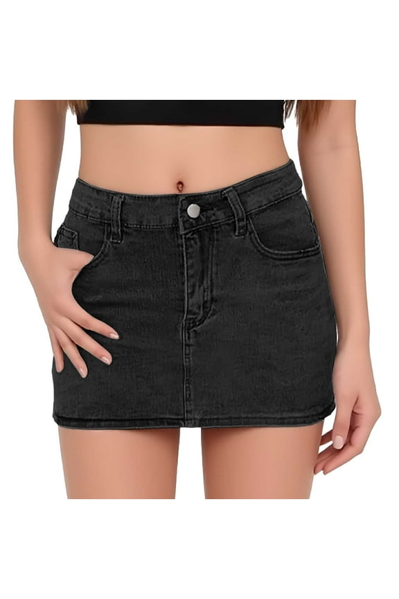 Womens Denim Mini Skirt Stretchy Mid Waist Casual Trendy Y2k Jean Skirts with Pockets Black M