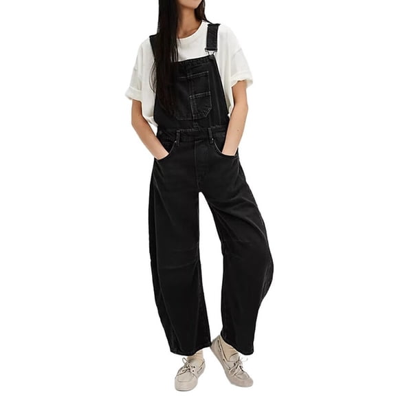 Womens Denim Overalls Loose Fit Leg Adjustable Strap Hip Hop Jean Jumpsuits Black L