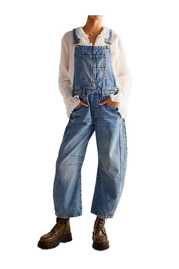 Womens Denim Overalls Loose Fit Leg Adjustable Strap Hip Hop Jean Jumpsuits Blue L