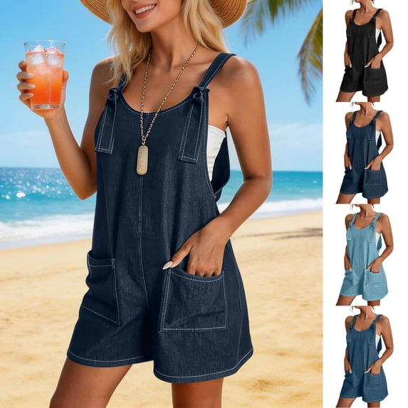 Womens Denim Overalls Romper Summer Casual Loose Fit Jean Rompers Adjustable Straps Shorts Bib with Pockets
