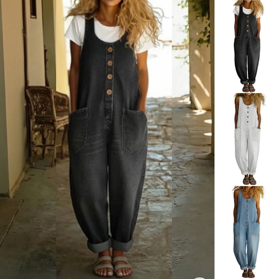 Womens Denim Overalls Sleeveless Button Front U Neck Relaxed Fit Lightweight Spring Summer Daily Casual Rompers Black 2XL