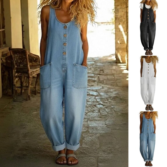 Womens Denim Overalls Sleeveless Button Front U Neck Relaxed Fit Lightweight Spring Summer Daily Casual Rompers Blue XL