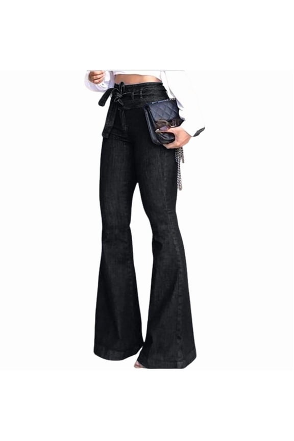 Womens Denim Pants High Waist Boot Cut Trousers Skinny Bell Bottom Mom Jeans Black L