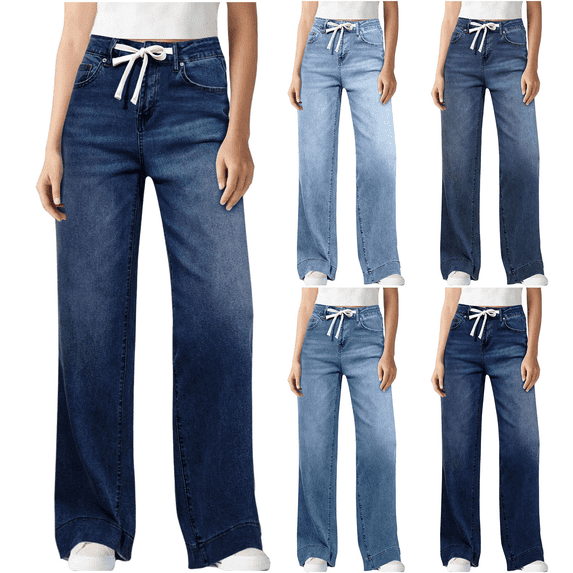 Womens Denim Pants High Waisted Straight Leg Jeans Adjustable Drawstring Casual Wide Leg Pant with Pockets
