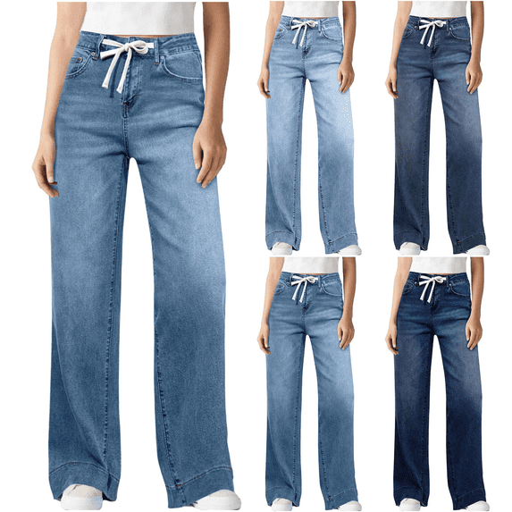 Womens Denim Pants High Waisted Straight Leg Jeans Adjustable Drawstring Casual Wide Leg Pant with Pockets