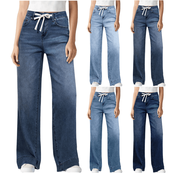 Womens Denim Pants High Waisted Straight Leg Jeans Adjustable Drawstring Casual Wide Leg Pant with Pockets