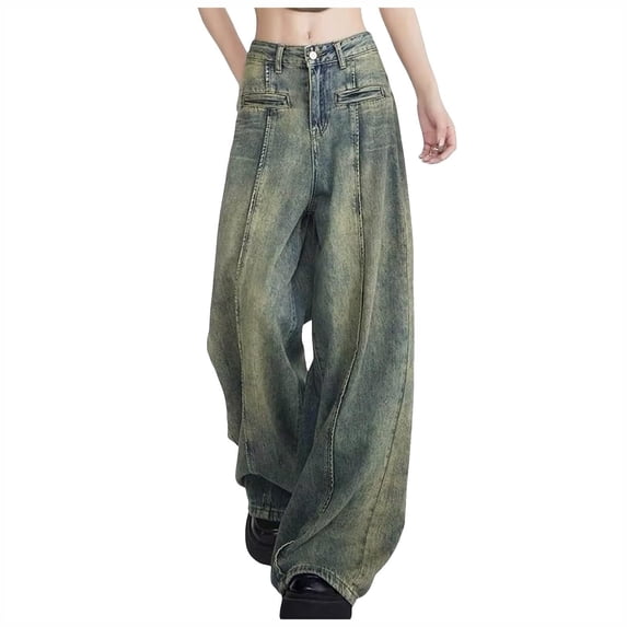 Womens Denim Pants Plus Size Straight Wide Leg Baggy Jeans High Waist Stretch Casual Loose Jeans Trendy Jeans Pants with Pockets,Dark Blue,L