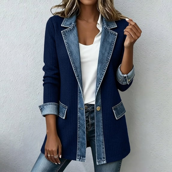 Womens Denim Patchwork Collared Blazer Jacket Loose Button Down Casual Long Sleeve Jean Cardigan Jackets Navy XXL