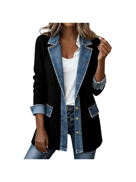 Womens Denim Patchwork Collared Shirt Jacket Casual Long Sleeve Button Front Denim Trim Blazer Lightweight Shacket,S
