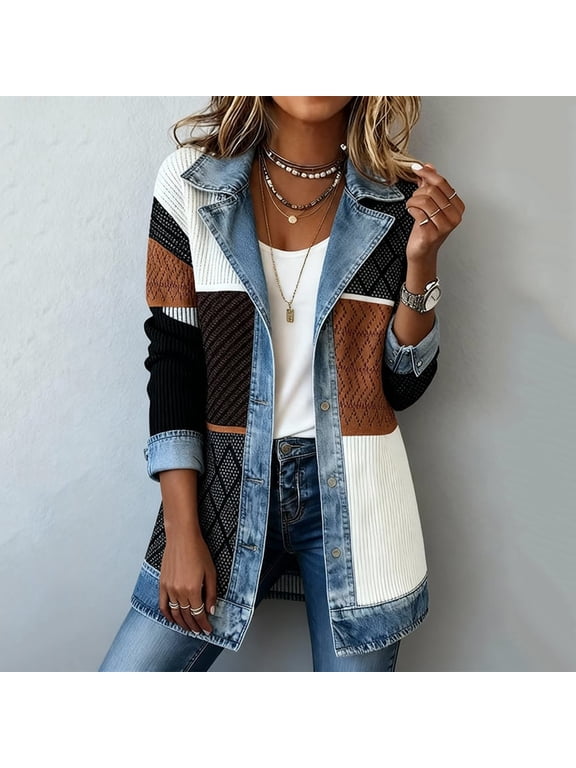 Womens Denim Patchwork Collared Shirt Jacket Loose Long Sleeve Button Down Casual Jean Shacket Denim Cardigan Dark Gray L