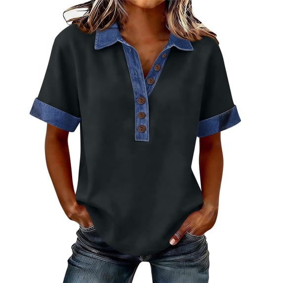 Womens Denim Patchwork Office Shirts Collared Buttons Decor Summer Tops Splicing V Neck Casual T-Shirt Gray L