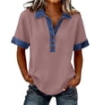 thumbnail image 1 of Womens Denim Patchwork Office Shirts Collared Buttons Decor Summer Tops Splicing V Neck Casual T-Shirt Light pink 3XL, 1 of 6