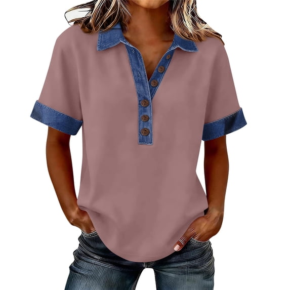 Womens Denim Patchwork Office Shirts Collared Buttons Decor Summer Tops Splicing V Neck Casual T-Shirt Light pink 3XL