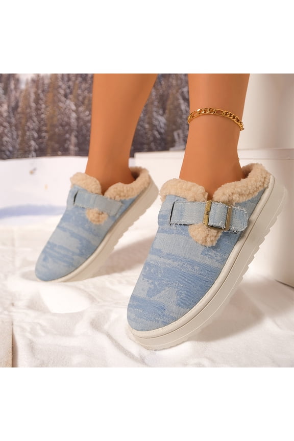 Womens Denim Pattern Fleece Mules Slip On House Slippers Furry Plush Trim Warm Thermal Memory Foam Comfortable Arch Support Indoor Home Bedroom Living Room Spa Casual Lounging,Light Blue 7