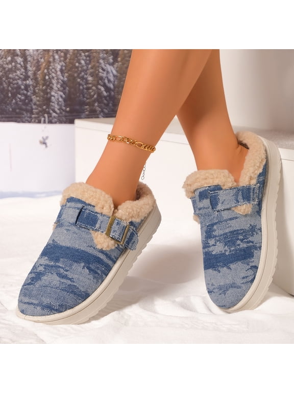 Womens Denim Pattern Fleece Mules Slip On House Slippers Furry Plush Trim Warm Thermal Memory Foam Comfortable Arch Support Indoor Home Bedroom Living Room Spa Casual Lounging,Blue 5.5