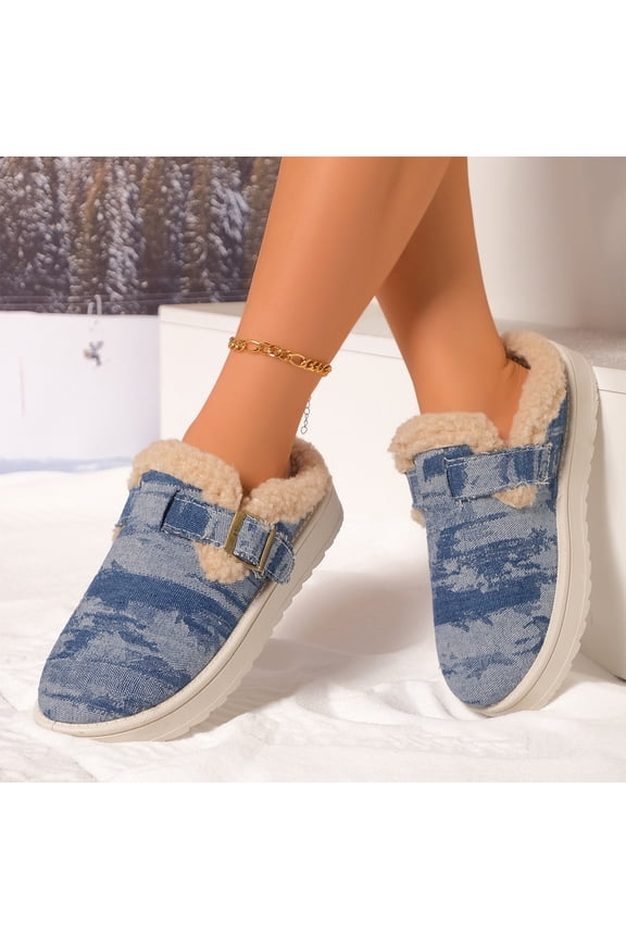 Womens Denim Pattern Fleece Mules Slip On House Slippers Furry Plush Trim Warm Thermal Memory Foam Comfortable Arch Support Indoor Home Bedroom Living Room Spa Casual Lounging,Blue 8