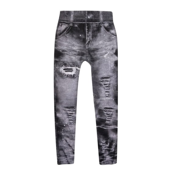 Womens Denim Print Ripped Leggings Fake Jeans Look Plus Size Tummy Control High Waisted Stretch Yoga Pants