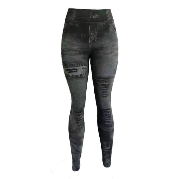 Womens Denim Print Ripped Leggings Fake Jeans Look Plus Size Tummy Control High Waisted Stretch Yoga Pants