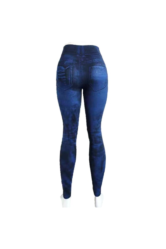 Womens Denim Print Ripped Leggings Fake Jeans Look Plus Size Tummy Control High Waisted Stretch Yoga Pants