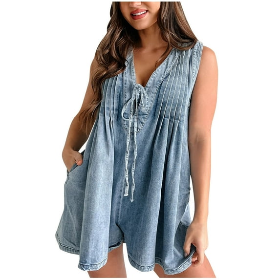 Womens Denim Romper Shorts Summer Jean Short Jumpsuit Sleeveless Flowy Ruffle One Piece Rompers Pockets Vintage Short Denim Jumpsuit Rompers Loose Fit Streetwear Clubwear with Pockets Light Blue S