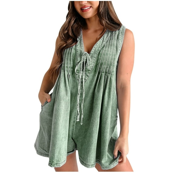 Womens Denim Romper Shorts Summer Jean Short Jumpsuit Sleeveless Flowy Ruffle One Piece Rompers Pockets Vintage Short Denim Jumpsuit Rompers Loose Fit Streetwear Clubwear with Pockets Army Green M