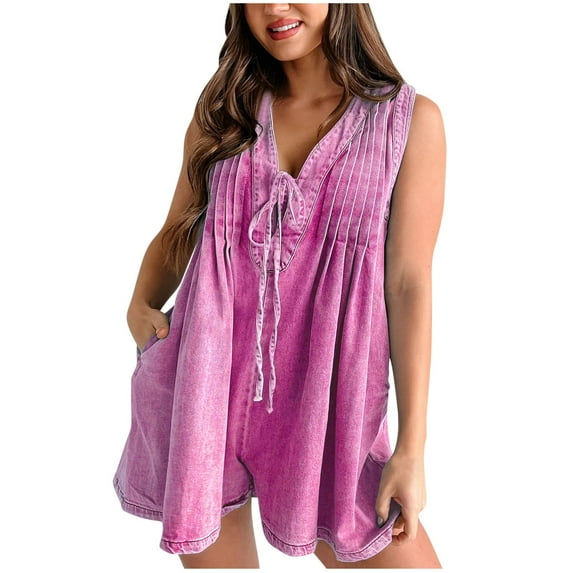 Womens Denim Romper Shorts Summer Jean Short Jumpsuit Sleeveless Flowy Ruffle One Piece Rompers Pockets Vintage Short Denim Jumpsuit Rompers Loose Fit Streetwear Clubwear with Pockets Hot Pink S