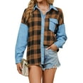 thumbnail image 1 of Womens Denim Shacket Button Down Plaid Flannel Shirt Long Sleeve Color Block Fall Blouses, 1 of 5