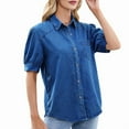 thumbnail image 1 of Womens Denim Shirt Business Casual Button Down Work Blouses Puff Sleeve Summer Tops Dark Blue M, 1 of 7