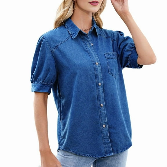Womens Denim Shirt Business Casual Button Down Work Blouses Puff Sleeve Summer Tops Dark Blue M