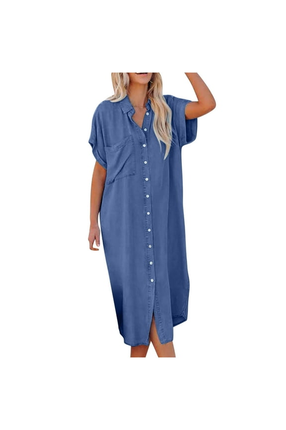 Womens Denim Shirt Dress 2024 Summer Short Sleeve Button Down Dresses Loose Lapel Cardigan Casual Pocket Midi Sundress