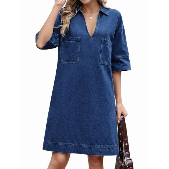 Womens Denim Shirt Dress Summer Collared V Neck Mini Casual Jean Dresses with Pockets Dark Blue M