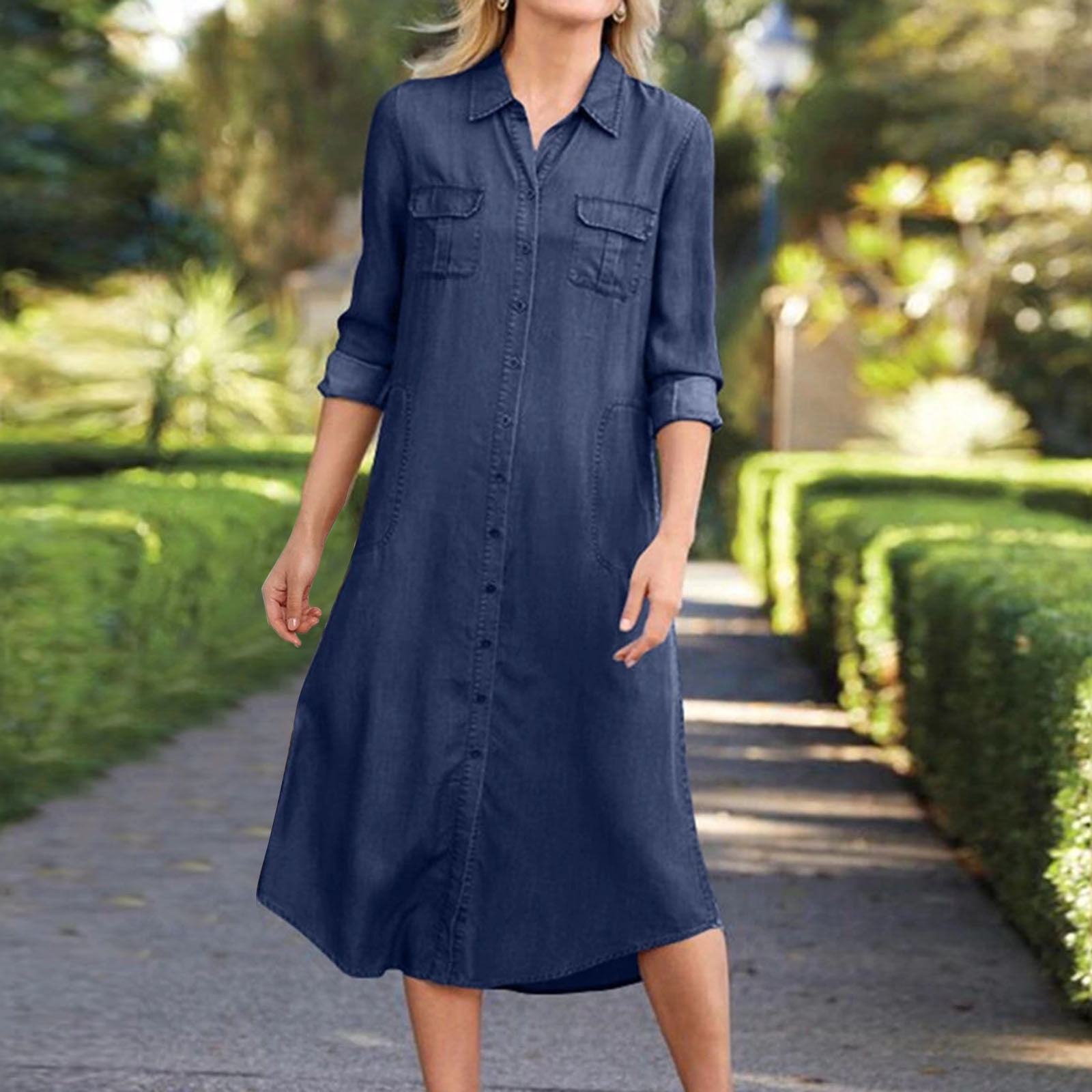 Women Denim Dress 3/4 Sleeve Long Maxi Dresses Ladies Loose Holiday Lapel  Neck | eBay