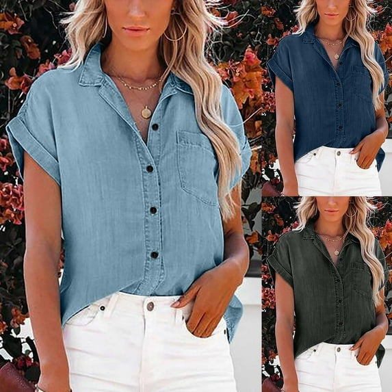Womens Denim Shirt Lapel Collar Washed Finish With Pocket Casual Summer Top