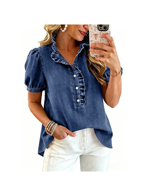 Womens Denim Shirt Puff Sleeve Button Down Ruffle Shirt Y2k Jean Top Summer Dressy Casual Loose Fit Tunic Tops Royal Blue M