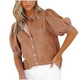 thumbnail image 1 of Womens Denim Shirts Fashion Washed Distressed Puff Sleeve Lapel Button Down Shirts Casual Work Blouses with Pockets, 1 of 8