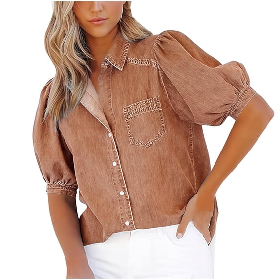 Womens Denim Shirts Fashion Washed Distressed Puff Sleeve Lapel Button Down Shirts Casual Work Blouses with Pockets