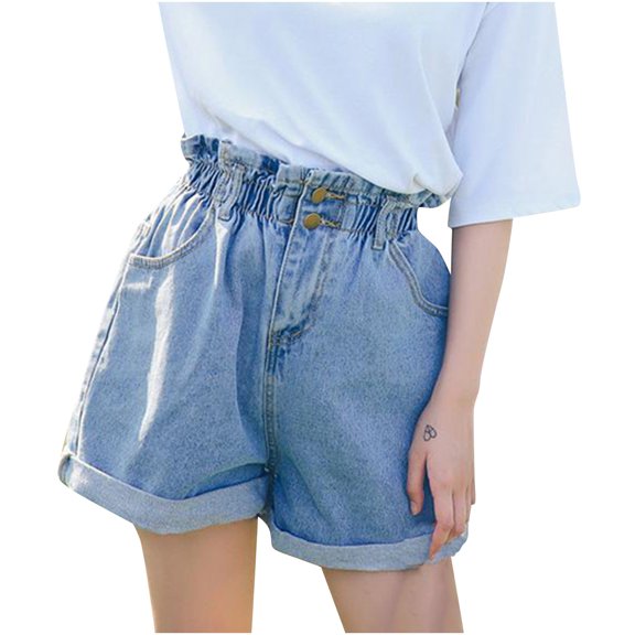 Womens Denim Shorts Elastic High Waisted Rolled Hem Stretchy Distressed Casual Loose Girls Jeans Shorts with Pockets