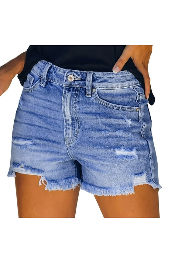 Womens Denim Shorts Stretchy Distressed Ripped High Waisted Hot Pants Cut Off Straight Leg Jean Shorts Summer Y2K Short Pants Skinny Cute Hotpants with Pockets and Fringe S-XXL
