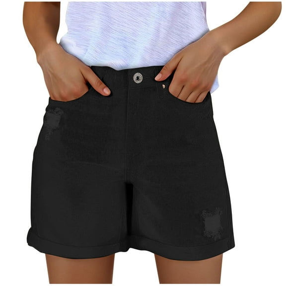 Womens Denim Shorts Stretchy Mid High Waisted Summer Beach Plus Size Casual Trendy Ripped Loose Fit Hot Short Jeans