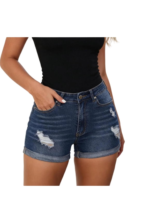 Womens Denim Shorts Trendy Button Summer Cut Off Jean Shorts High-Rise Ripped Distressed Frayed Hem Casual Jorts with Pockets