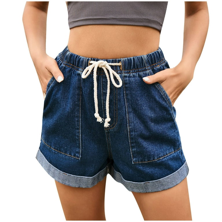 Womens Denim Shorts Wide Leg a Line Drawstring High Waist Short Jeans for Women Vintage Casual Loose Solid 1 4 Jean X Large Dark Blue Walmart