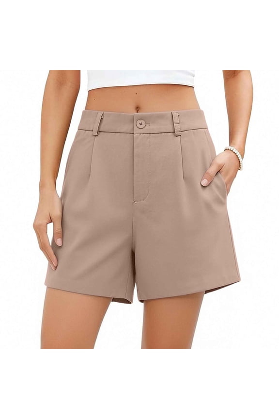 Womens Denim Shorts Women High Waist Dressy Shorts Tailored Button Pleated Front Office Work Casual Summer Short Pants Khaki M