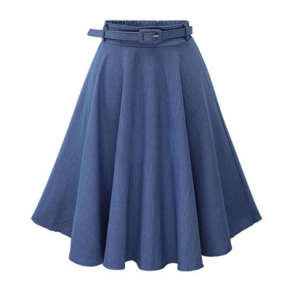 Belted a-line clearance midi denim skirt
