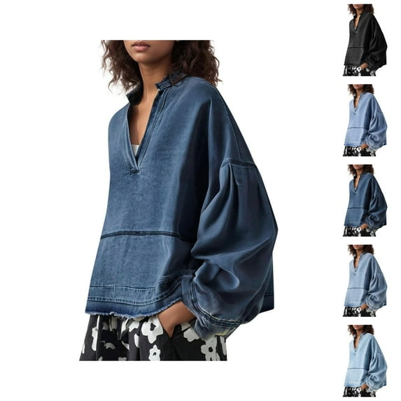 Womens Denim Tops 2025 Long Sleeve Pullover Trendy Casual V Neck Loose Fit Puff Sleeve Jean Cotton Shirts