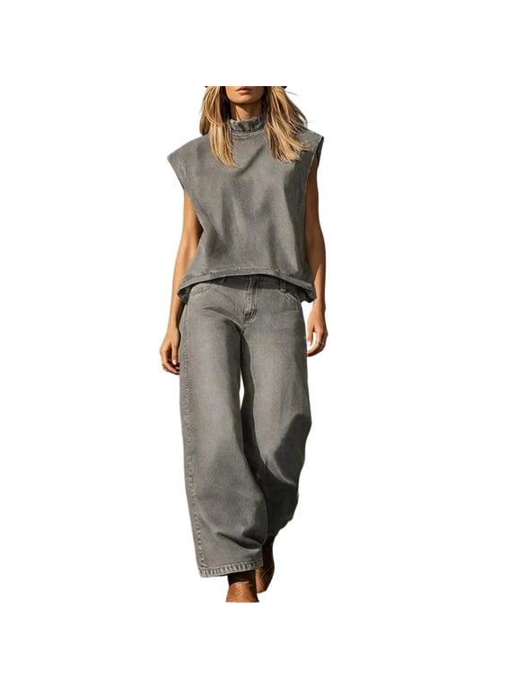 Womens Denim Two Piece Outfit Sleeveless Crew Neck Denim Top High Waist Wide Leg Pants Casual Denim Set Gray XXL(XXL)