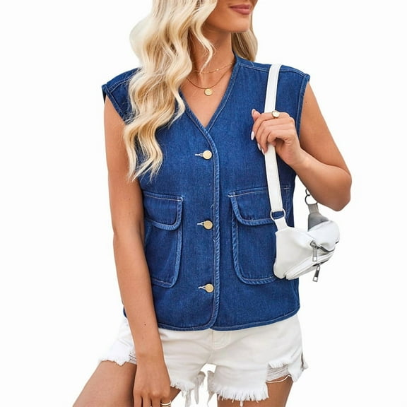 Womens Denim Vest Button Down Cropped Jean Corset Tops Sleeveless V Neck Vintage Tank with Pockets Blue L