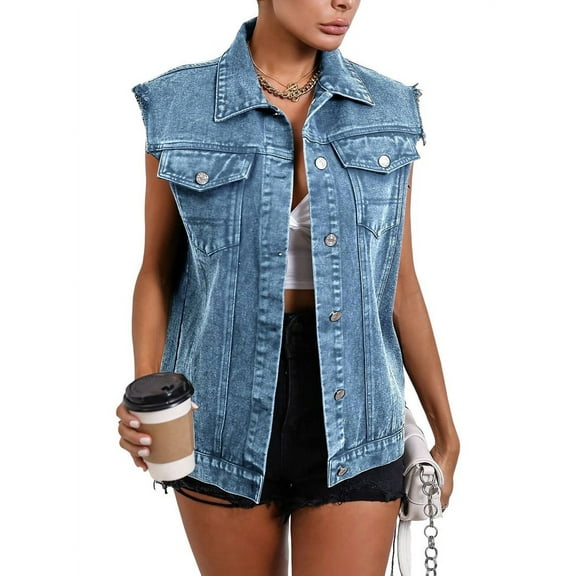 Womens Denim Vest Classic Button Down Sleeveless Jean Jackets Cropped Distressed Vest Light Blue L