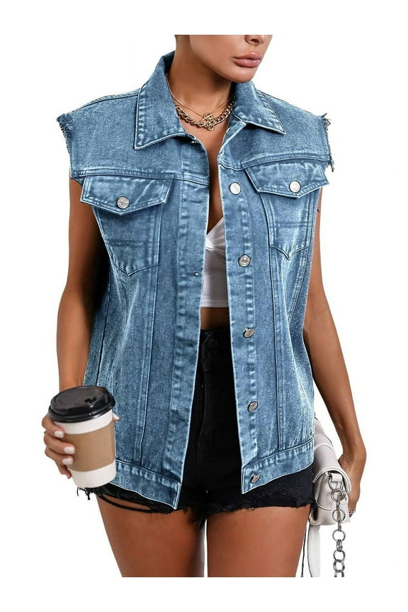 Womens Denim Vest Classic Button Down Sleeveless Jean Jackets Cropped Distressed Vest Light Blue L