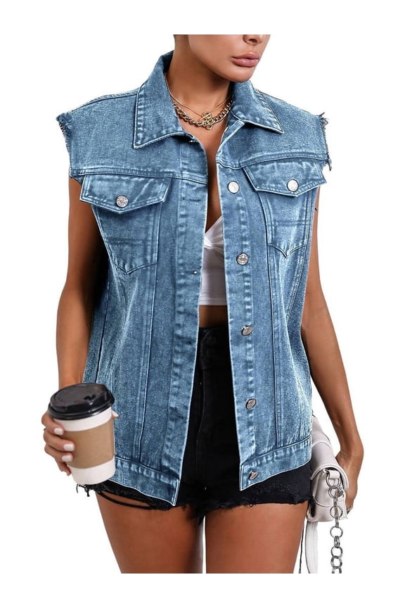 Womens Denim Vest Classic Button Down Sleeveless Jean Jackets Cropped Distressed Vest Light Blue M